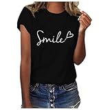 Smile Tshirt Damen Sommer T-Shirt Mode Print Sommershirt Rundhals Kurzarm Oberteile Bluse Bequem Baumwolle Basic Tee Shirt für Frauen Mädchen Y2K-Shirts Casual Lose Sportshirt