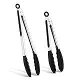 Grillzange, Joyfair 2 Stück Edelstahl Küchenzange Set - 34cm & 26cm, Nudelzange mit Rutschfesten Silikonspitzen und Griff, Hitzebeständige Fleischzange für Grill, Kochen, Backen - Schwarz
