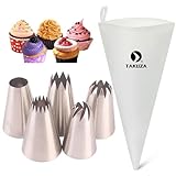 TAKUZA Profi Spritzbeutel Set 6 Stück Wiederverwendbar, 5 großen Edelstahl Spritztüllen für Kuchen, Torten, Kekse, Cupcakes, Makronen - Spritzbeutel mit Tüllen Groß & Spritzsack Backzubehör