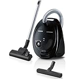 Siemens Staubsauger mit Beutel synchropower VS06A212, Bodenstaubsauger, Hygiene-Filter, Bodendüse für Parkett, Teppich, Fliesen, starke Saugleistung, langes Kabel, Fugendüse, 600 W, schwarz