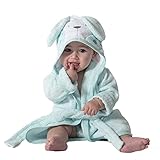 Ti TIN | Kinderbademantel mit Kapuze | Babybademantel von 6 bis 9 Monate, 100% Baumwolle in grau, weich und saugfähig, im türkisen Hasenohr-Design
