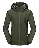Outdoor Ventures Damen Softshelljacke Kurze Gefütterte Funktionsjacke Wasserdichte Übergangsjacke mit Abnehmbarer Kapuze Regenjacke Outdoor Regenmantel Softshellmantel für Wandern Laufen Oliv-Grün L