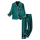 Schlafanzug-Set für Kinder, Mädchen, Jungen, Seidensatin, Knopfleiste, langärmelig, weiß, Eulen-Nachthemd, Mädchen, grün, 4-5 Years