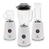 TONICON Smoothie-Maker | 3in1 Mini Mixer | 6-Edelstahl-Messer Blender | 500 Watt Standmixer | Glas-Behälter Inkl. Trinkfalsche to go BPA-Frei | 4 Mason Jar Cups aus Glas – Weiß