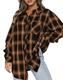 Jhsnjnr Damen Oversize Langarm Flanellbluse Karierte Hemd mit Knopfleiste Longbluse Karo V Ausschnitt Oberteile