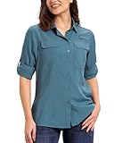 33,000ft Hemdbluse Damen UPF50 UV Schutz Hemd Schnelltrocknende Button-Down Shirts Atmungsaktive Wanderhemd Safari Kleidung für Freizeit Angeln Reisen Blau M