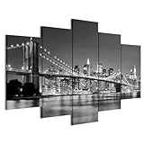 murando - Wandbilder XXL New York City 200x100 cm 5 tgl Wand Deko Leinwand Bilder Groß Wanddeko Wohnzimmer Bild Schlafzimmer Kunstdrucke - Skyline Brooklyn Bridge Stadt Nacht Manhattan Grau 030211-51