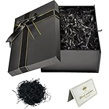 Geschenkbox mit Deckel 22 x 16 x 8,5 cm, Geschenkbox mit Schleifen, Grußkarten, Raffia Hamper Shreds für Hochzeit Geburtstag Weihnachten (Schwarz)
