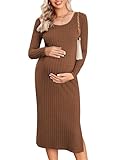Ekouaer Umstandskleid Damen Langarm Stillen Kleid Elegant Umstandsmode Kleid Winter Umstandsrock Seitengeteilte, Braun, XL