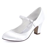 ElegantPark HC1801 Bequeme Damen Blockabsatz Mary Jane Pumps Satin Hochzeit Brautschuhe, Weiß, 38 EU