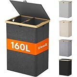 Lifewit 160L Bambus Wäschekorb mit Deckel, Faltbar Wäschesammler 2 Fächer Wäschesortierer mit Abnehmbarem Wäschesack Bambus Griffen Wäschebox Laundry Baskets für Waschküche, Schlafzimmer, Schwarz