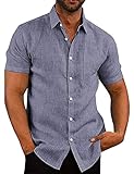 COOFANDY Herren Hemden Short Sleeved Leinenshirt Slim Fit Polo Poplin Kurzarm Business Freizeit Kurzarmhemd 48-Blau L