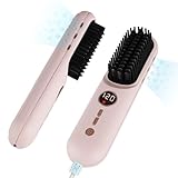 TANSHINE Kabellose Glätteisenbürste, 6000 Ahm, ionische Heißbürste für Reisen, tragbar, wiederaufladbar, beheizter Mini-Haarstyler für Damen, thermische Glättungsbürste mit Heißkamm, 140–200 °C, Rosa