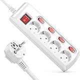 deleyCON 4 Fach Steckdosenleiste Einzeln Schaltbar 1,4m Kabel (4X EIN/Aus Schalter und 1x Hauptschalter) Strom Stromleiste Mehrfachsteckdose mit Kindersicherung - Weiß