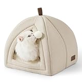 BEDSURE Katzenbett große Katzen Katzenhöhle- 40x40x40 cm Katzenhaus Indoor mit abnehmbarem Sherpa Katzenkissen und hängendem Spielzeug, Katzen Bettchen waschbar, beige