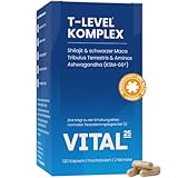 T-Level Testosteron¹ Kapseln - hochdosiert mit Shilajit, Ashwagandha KSM-66®, Maca schwarz, Bockshornklee, Tribulus, Cordyceps, Bor, Aminos - vegan - 120 Kapseln für 2 Monate - Vital25®