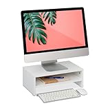 Relaxdays Monitorständer mit Fach, Bildschirmerhöhung für Schreibtisch, HBT: 14 x 40 x 23,5 cm, Bildschirmpodest, weiß