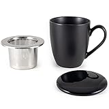 Hanseküche Teetasse mit Deckel und Sieb – XXL Teebecher 600ml – Große Tee Tasse Keramik – Jumbotasse – Tasse mit Deckel, Keramik, Teefilter, Teesieb, Kaffeetasse, Kaffeebecher Groß (Schwarz, 600 ml)