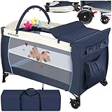 tectake® Babyreisebett, Kinderreisebett, Reisebett höhenverstellbar mit Reisebett Matratze und Transporttasche, Babybett, Reisegitterbett, tragbares Beistellbett Baby - 132 x 75 x 104 cm - Navy Blau
