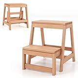 COSTWAY 2-Stufen Tritthocker klappbar, Leiterstuhl bis 250 kg belastbar, Trittleiter Trittstuhl aus Fichtenholz, Haushaltsleiter Natur, Hockerleiter für Bibliotheken oder Zuhause, 50 x 39 x 45 cm