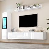 Kebnor TV Wohnwand Set 3-teilig LED Beleuchtung Hochglanz Wohnzimmer Möbel Set Frontale Wohnwand, TV Schrank + Wohnzimmer Vitrine + Hängeregal (Weiß)