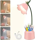 Schreibtischlampe Kinder mit Stifthalter, Dimmbare LED Nachttischlampe 3 Farbtemperaturen, Tischlampe mit 360° Flexibel Arm Schwanenhal, Wiederaufladbare Schreibtischlampe für Lesen, Lernen (PINK)