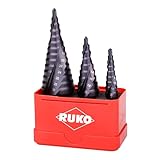 RUKO Stufenbohrer HSS-TiAlN, spiralgenutet mit Kreuzanschliff, Titan-Aluminium-Nitrit-Beschichtung, hohe Schnittleistung, 3-teilig