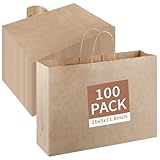100 Stück Kraftpapiertüten mit Griffen, 40,6 x 12,7 x 30,6 cm, braune Papiertüten, Geschenktüten, Einkaufstaschen für Lebensmittel, Boutiquen, kleine Unternehmen, Einzelhandelsgeschäfte, Waren,