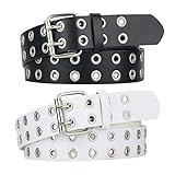 MIVAIUN 2 Stück Doppelloch Nietengürtel,PU Ledergürtel Jeansgürtel mit Punk Style Cosplay Gürtel Hip Hop Gürtel Rock Gürtel,für Jeans,Hosen,Gothic,Rockwear,Damen und Herren (Schwarz, weiß)