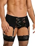 ohyeahlady Sissy Dessous Männer Gay unterwäsche Herren mit 4 Clips Spitze Reizwäsche Große Größen Strumpfgürtel Breit Strumpfhalter Oberschenkel Strumpfband Garter Belt mit 3 Haken Schwarz XL