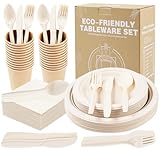Anstore 200 Stück Pappteller Set Biologisch Abbaubares, Kompostierbare Robuste Party Teller Set,mit Gabeln, Messer,Löffel, Teller und Becher, Servietten für viel Gäste