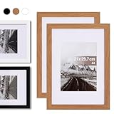 Muzilife A4 Bilderrahmen 21 x 29,7 cm, 2er Set Fotorahmen Posterrahmen mit Passepartout für 13 x 18 cm Bilder, Kunststoffrahmen, Eignet sich als Tisch-Aufsteller und für die Wand, Oak