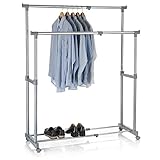 CARO-Möbel Garderobenwagen Rollgarderobe Kleiderständer Kleiderwagen Garderobenständer Rollkleiderständer CASA in grau, 2 Kleiderstangen, Metallgestell verchromt, höhen- und breitenverstellbar