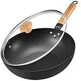 BEZIA Induktions Wok Pfanne mit Deckel, Antihaft-Wokpfanne 30 cm, Wok zum Braten mit Holzgriff, flacher Boden, Für alle Herdarten geeignet, Granit