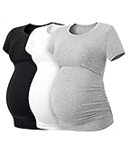 LAPASA Damen 3 er Pack Umstandstop Umstandsmode Umstandskleidung Tops Schwangerschaft Kurzarm Umstands T-Shirt L55, Schwarz, Weiß, Grau, L