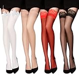 EUPSIIU 4 Stück Damen Oberschenkel Hohe Strümpfe Spitzen Seiden Transparente Halterlose Strümpfe Halterlose Strümpfe Damen Sexy Spitze Nylonstrümpfe, Schwarz, Einheitsgröße (4 Farben)