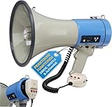 McGrey MP-800HRS Megaphon (Sprachrohr, 25 Watt RMS/80 Watt MAX), bis zu 1000m Reichweite, Handmikrofon, Sirene, Whistle, Aufnahmefunktion, USB/SD/AUX-MP3-Player batteriebetrieben grau/blau