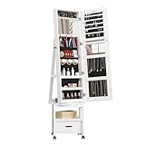 Thaookte Schmuckschrank Mit Spiegel Auf Füßen, Abschließbar, Schmuckaufbewahrung, Um 360° Drehbar, Rahmenlos, 2 Ablagen, Weiße Oberfläche, Schwarze Innenauskleidung, Stehendstehender Schmuck-Organizer