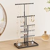 susswiff Schmuckständer Schmuck Organizer für Schmuckaufbewahrung - Schmuckständer für Ketten, Ohrringe, und Armband, 5 Ebenen Schmuckhalter, 37cm Schwarze Schmuck Ständer mit Holztablett