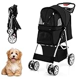 COSTWAY Hundewagen Haustiere Buggy bis 15kg, Hundebuggy mit Netzfenstern & Getränkehalter & Anhänger, Katzenbuggy für kleine Hunde Katzen (Schwarz)