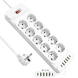 Steckdosenleiste mit 4 USB, Mehrfachsteckdose mit 2 USB C, Verteilersteckdose Wandmontage, Steckerleiste mit Schalter, 10 Fach Power Strip, Mehrfachsteckdosen mit 2M Kabel - Weiß