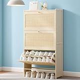 Schmaler Schuhschrank mit verstellbaren Regalen, cremefarbenes Holz, Schuhaufbewahrung für Flur, Schlafzimmer, Wohnung – Schuhkipper mit 6 Schubladen (100 cm)