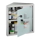 Relaxdays Medizinschrank, 2 Fächer, HxBxT: 30x30x17,5 cm, abschließbar, Edelstahl, Glastür, Eck Apothekenschrank, Silber
