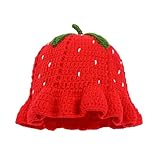 MFRVXQUL Handgemachter Erdbeerhut, handgewebter, durchbrochen gehäkelter Erdbeerhut, gehäkelter Hut, stylischer Erdbeer-Fischerhut (1pcs,red)