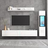 BENMWS TV Wohnwand Set 3-teilig LED Beleuchtung Hochglanz Weiß Wohnzimmer Möbel Set Frontale Wohnwand Weiß 1xTV Schrank,1xWohnzimmer Vitrine,1xHängeregal