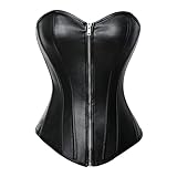 MISS MOLY Corsage|Vollbrust Vintage Kunstleder Korsage Leder-Optik Coolstil Korsett Reißverschluss/Vorderschliesse Corset(Mit G-String) Schwarz XL
