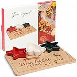 MIJOMA Servierset Weihnachten 4-teilig – Steinzeug-Schalen in Stern- & Tannenbaumform auf Holztablett mit Lasergravur – Servierplatte, Festliches Dip- & Snackset
