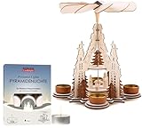 BRUBAKER Weihnachtspyramide Kathedrale inkl. 12er Pack Pyramiden-Teelichter - 29 cm Holzpyramide mit Maria, Josef und Jesus - Teelichtpyramide für Weihnachten - Handbemalt - 2 Etagen - Natur