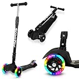 Peviasot Kinderroller, Kinderscooter mit 3 LED Leuchtenden Räder, Klappbar Kickroller, 4 Höhenverstellbar Scooter, Hinterradbremse Roller, Cityroller mit 50 kg, für Roller Kinder 3-16 Jahre, Schwarz