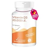 Vitamintrend Vitamin D3 20000 I.E. hochdosiert, 90 Tabletten, Sonnenvitamin Cholecalciferol, Nahrungsergänzungsmittel ohne Zusätze, in Deutschland hergestellt